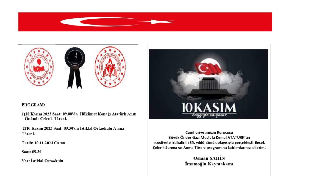 10 Kasım 2023 Çelenk Sunma ve Atatürk'ü Anma Programı